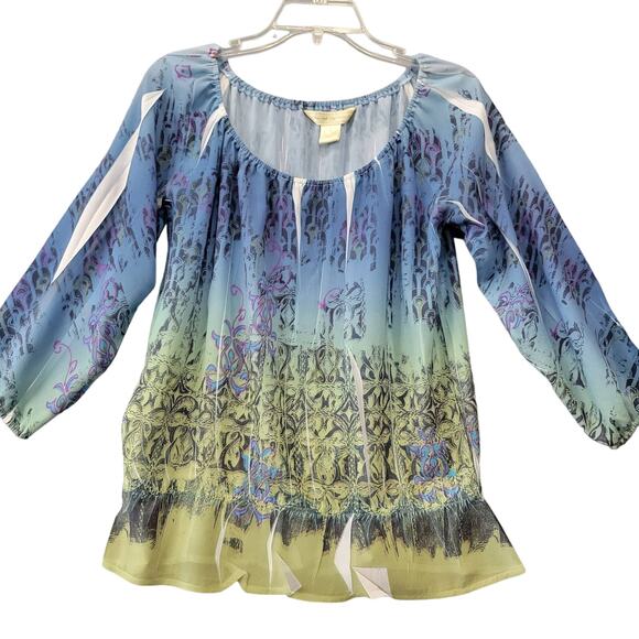 New York City Design Co 3/4 Sleeve Blouse Womens Size Small Blue Bohemian Fitted - Picture 1 of 8
